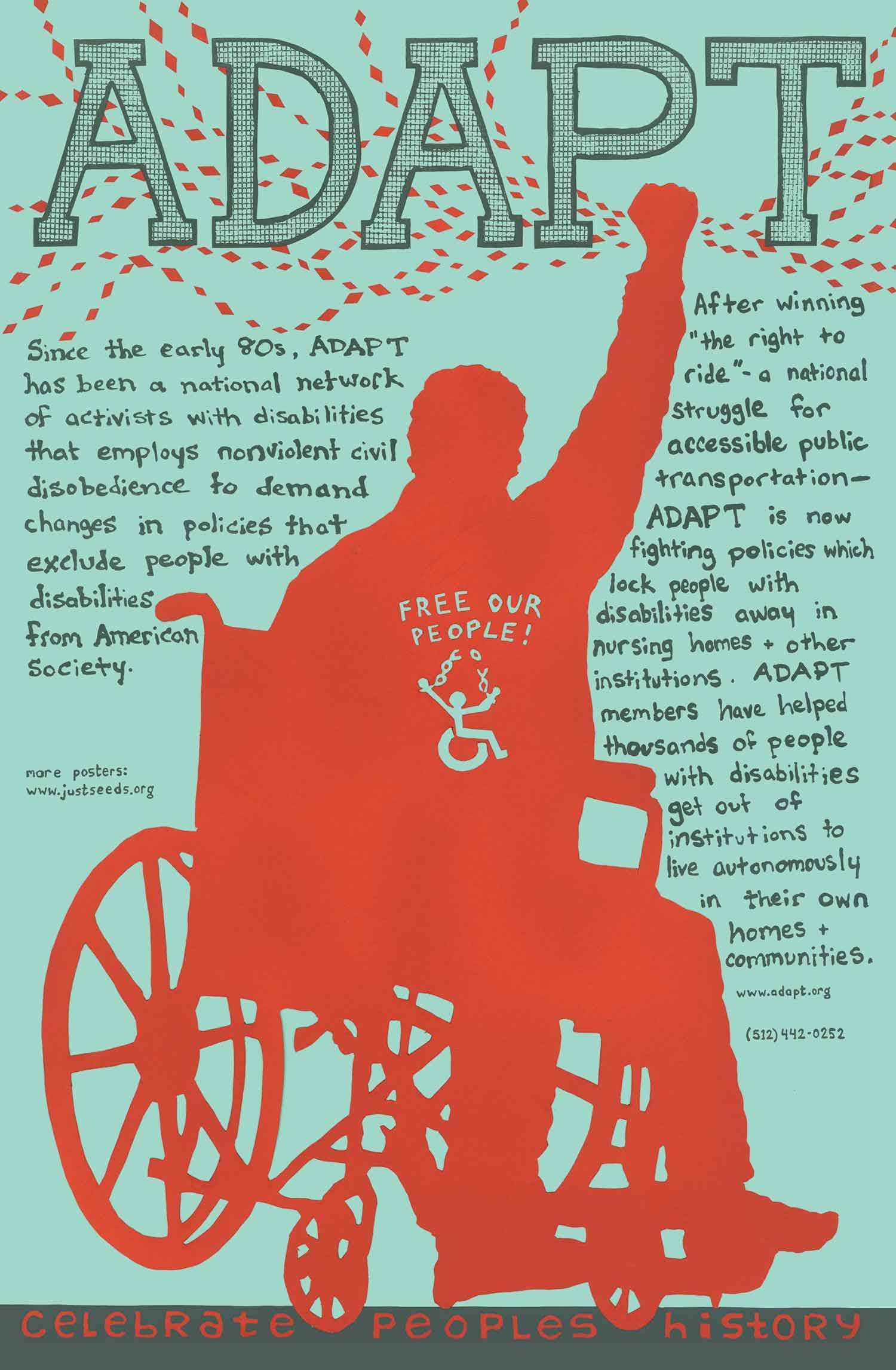 Poster with the outline of a person in a wheelchair raising their arm.